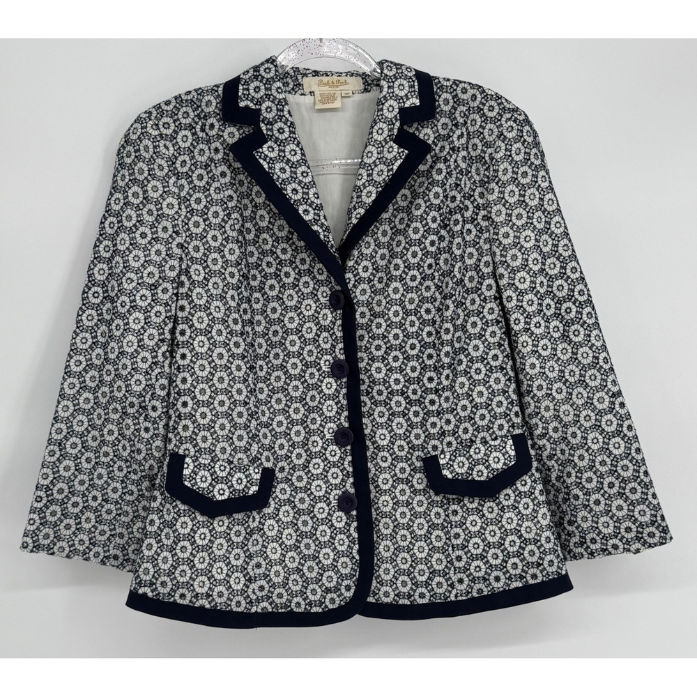 Peck & Peck Petite Navy White Floral Eyelet Blazer Jacket Contrast Trim Sz 14P
